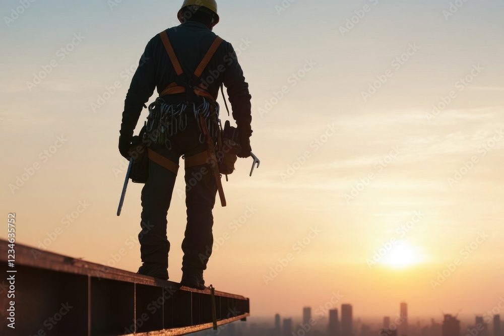 Construction worker stands on rooftop watching sunset in urban skyline during evening hours Construction worker stands on rooftop watching sunset in urban skyline during evening hours