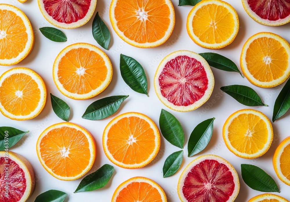 Vibrant overhead shot of sliced oranges and blood oranges arranged on a white background, interspersed with green leaves. A colorful and healthy food Vibrant overhead shot of sliced oranges and blood oranges arranged on a white background, interspersed with green leaves. A colorful and healthy food