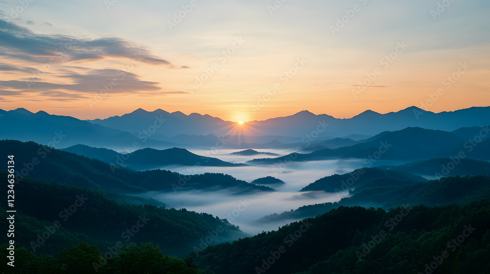 Sunrise over misty mountain range, scenic view, tranquil landscape, ideal for travel brochures Sunrise over misty mountain range, scenic view, tranquil landscape, ideal for travel brochures