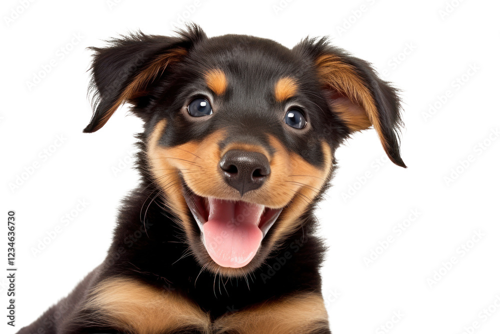 A playful portrait of a mixed breed puppy with a golden and black coat. The puppy is sitting upright with its tongue out, displaying its joyful personality. Its big, round eyes are full of mischief A playful portrait of a mixed breed puppy with a golden and black coat. The puppy is sitting upright with its tongue out, displaying its joyful personality. Its big, round eyes are full of mischief