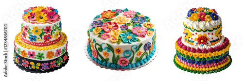 Set of Colorful Floral Cake Designs with Vibrant Decorations and Patterns