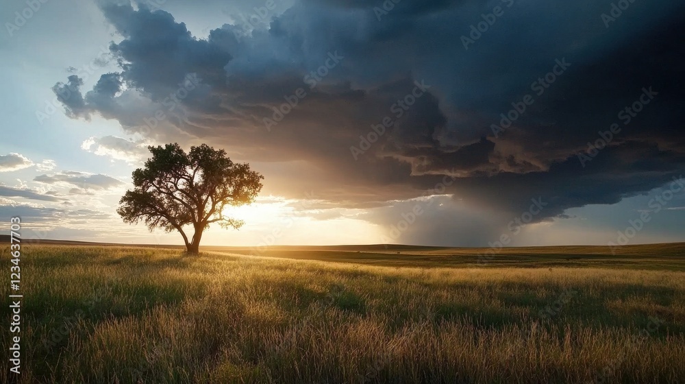 A dramatic storm rolling in over a wide-open prairie with a lone tree. A dramatic storm rolling in over a wide-open prairie with a lone tree.