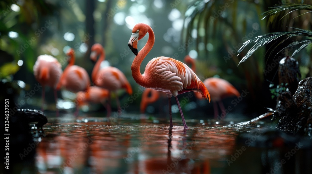 Fototapeta premium A flock of flamingos standing gracefully in a tranquil wetland.