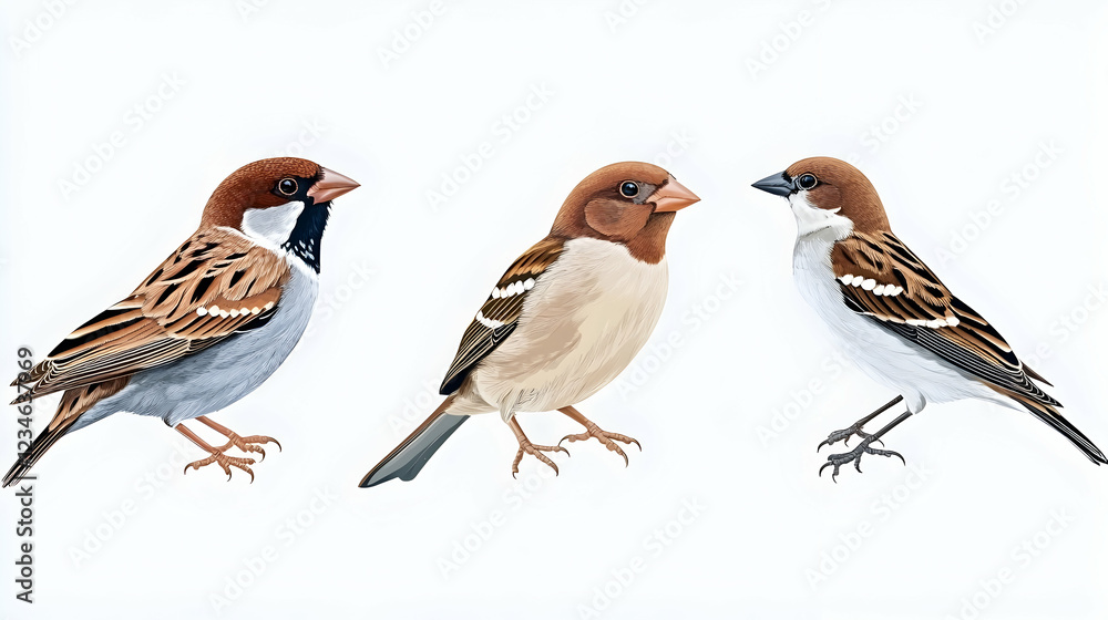 Fototapeta premium Three sparrows, side profile, white background; illustration for ornithology guide