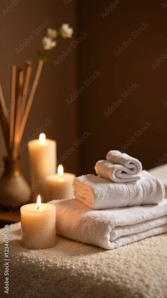 stacked white spa towels on a soft massage table with glowing candles, an aromatic reed diffuser, and delicate white flowers in warm and peaceful ambiance, concept of relaxation, wellness, luxury spa