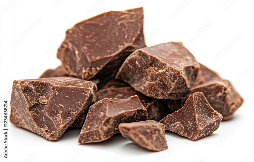 Close up view of a pile of dark brown chocolate chunks against a bright white background. The texture of the chocolate is rough and uneven, showing Close up view of a pile of dark brown chocolate chunks against a bright white background. The texture of the chocolate is rough and uneven, showing