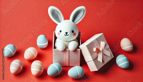 Funny easter concept holiday animal celebration greeting card - Cute little easter bunny, rabbit sitting in many colorful painted esater eggs, isolated on red background. Generative AI. photo