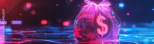 A glowing digital money bag with a dollar sign against a vibrant, tech-inspired background.