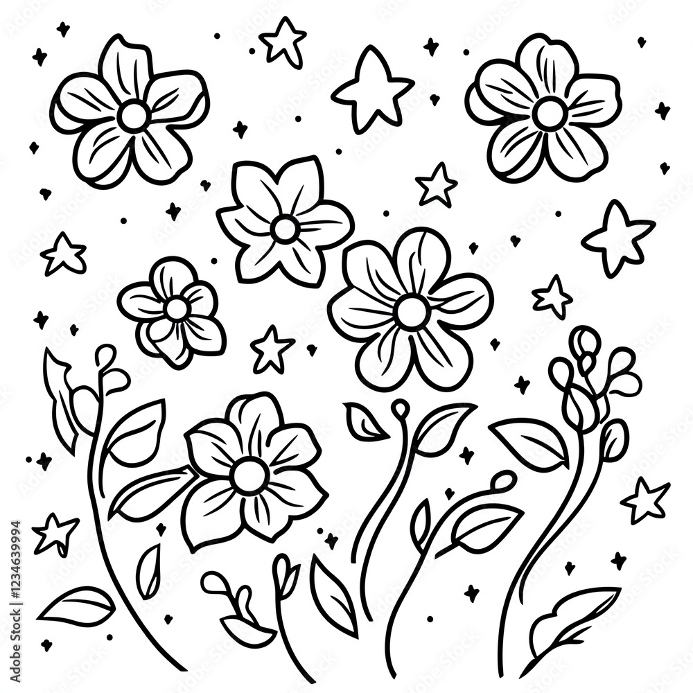 Obraz premium Simple Jasmine Flower and Star Coloring Book Pages for Kids