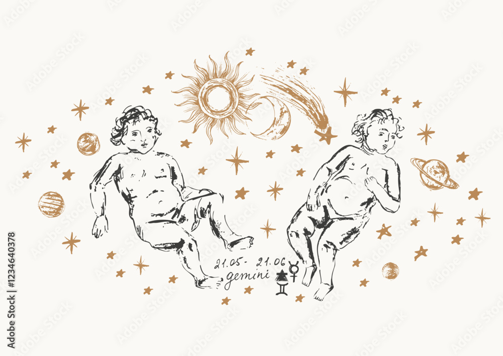 Fototapeta premium Hand drawn gemini zodiac sign illustration, horoscope background