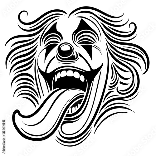 A black and white silhouette of cool funny clown shows his tongue, cool clown, minimalist stroke lines, minimalist art, vector, isolated, transparent background