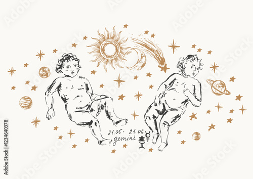 Hand drawn gemini zodiac sign illustration, horoscope background