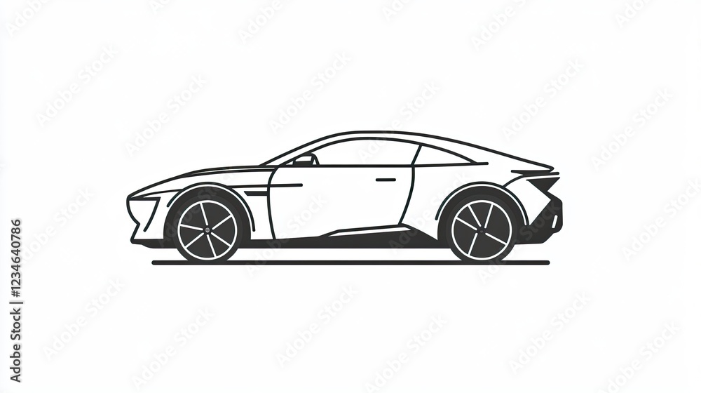 Fototapeta premium Sleek black and white outline drawing of a modern sports coupe.