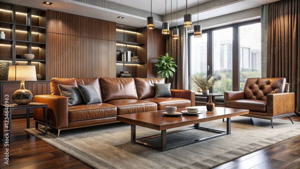 Sleek sofa and coffee table set in modern dining area with rich wood accents and luxurious leather upholstery, high-end design , contemporary decor Sleek sofa and coffee table set in modern dining area with rich wood accents and luxurious leather upholstery, high-end design , contemporary decor