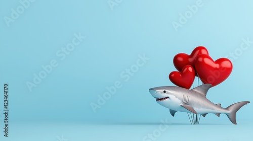 A playful shark holds red heart balloons against a blue background, symbolizing love and fun. photo