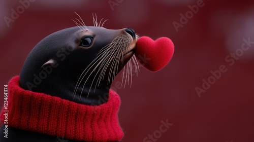 A playful seal wearing a red sweater, holding a heart-shaped toy, showcasing love and joy in a vibrant setting. photo