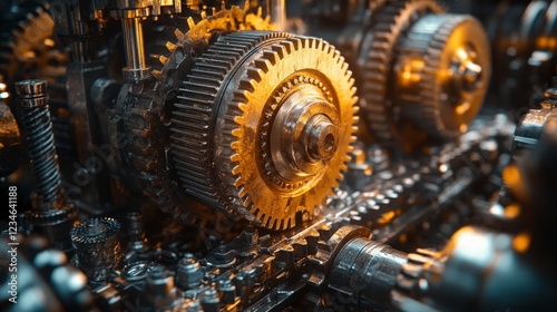 Close-up of intricate golden gears and metallic components in complex machinery.