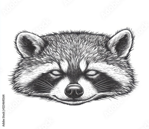 Close up illustration of a raccoon's face, depicted in black and white using a stippled or hatched technique, creating a detailed and textured photo