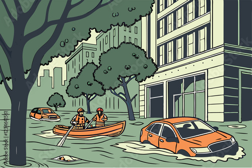 Urban flood scene, rescue workers in orange raft, flooded street, submerged cars, water reflection, green trees, grey atmosphere, dramatic lighting, photorealistic, high detail, cinematic compositi