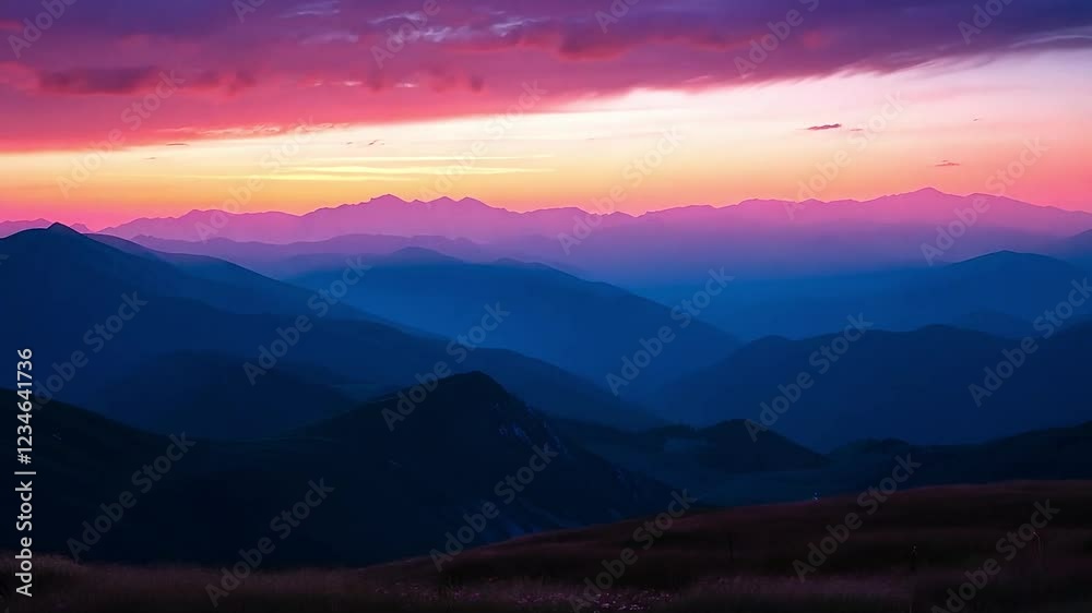 Mountain landscape at sunset with vibrant sky and rolling hills in the distance Mountain landscape at sunset with vibrant sky and rolling hills in the distance
