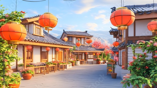 Festive Chinese New Year Market Scene with Colorful Lanterns