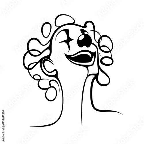 A black and white silhouette of laughing clown, minimalist lines, minimalist art, vector, isolated, transparent background 