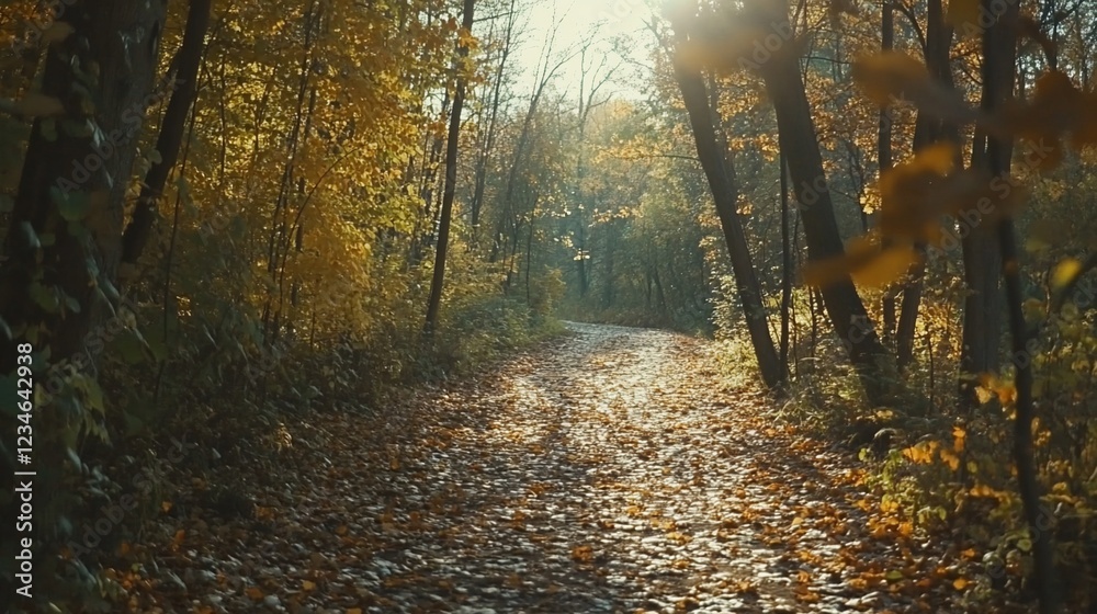 Fototapeta premium Sunlit autumn forest path with fallen golden leaves creating a warm ambiance