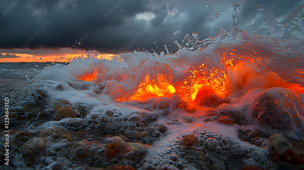 Fiery sunset wave crashing on beach; dramatic sky Fiery sunset wave crashing on beach; dramatic sky