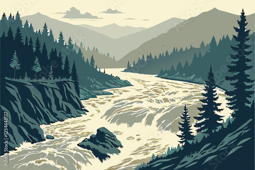  Raging river, muddy floodwaters, turbulent rapids, dense pine forest, misty atmosphere, overcast sky, rugged wilderness, aerial view, rushing torrent, erosion, natural disaster, powerful current, f
