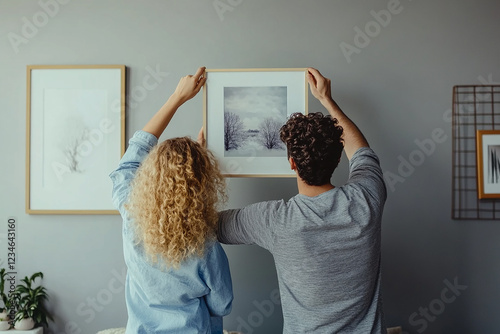 A youthful couple hanging a picture frame on wall ai generated