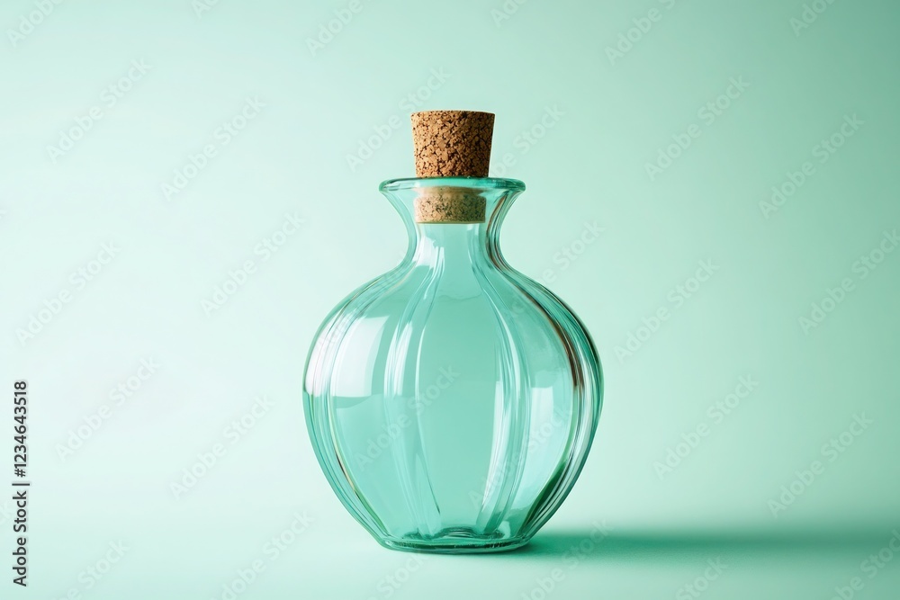 Decorative glass bottle with cork stopper, set against a pastel green background. Decorative glass bottle with cork stopper, set against a pastel green background.