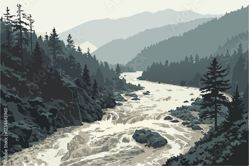  Raging river, muddy floodwaters, turbulent rapids, dense pine forest, misty atmosphere, overcast sky, rugged wilderness, aerial view, rushing torrent, erosion, natural disaster, powerful current, f
