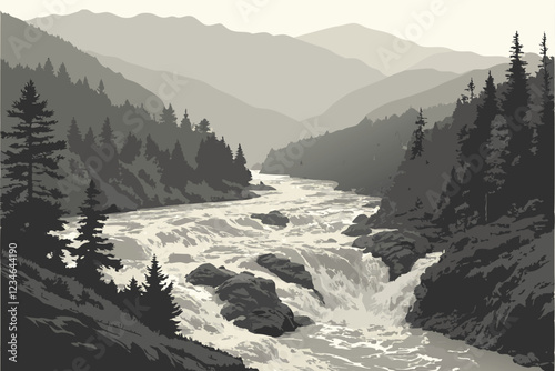  Raging river, muddy floodwaters, turbulent rapids, dense pine forest, misty atmosphere, overcast sky, rugged wilderness, aerial view, rushing torrent, erosion, natural disaster, powerful current, f