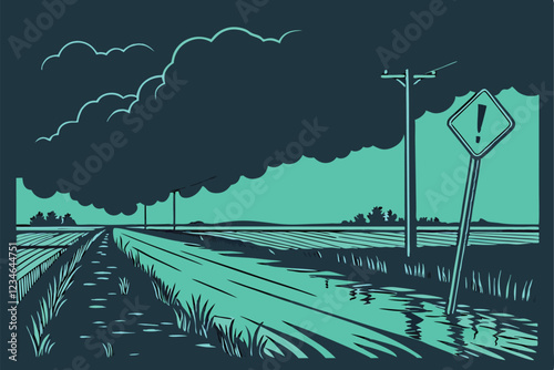  Dark stormy sky, flooded road, yellow traffic sign submerged, ominous atmosphere, teal color grading, panoramic view, low horizon, reflective water surface, barren landscape, dramatic lighting, moo
