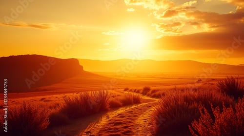 Breathtaking sunset landscape with golden hues and winding path for nature-themed art or backgrounds