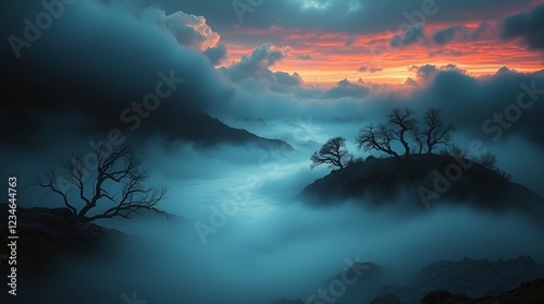 Mysterious misty landscape at dusk with dark clouds and silhouettes for atmospheric art or backgrounds