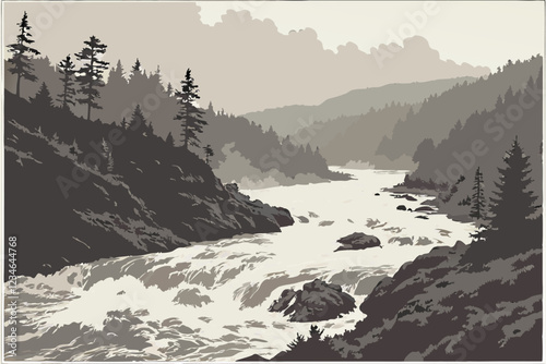  Raging river, muddy floodwaters, turbulent rapids, dense pine forest, misty atmosphere, overcast sky, rugged wilderness, aerial view, rushing torrent, erosion, natural disaster, powerful current, f