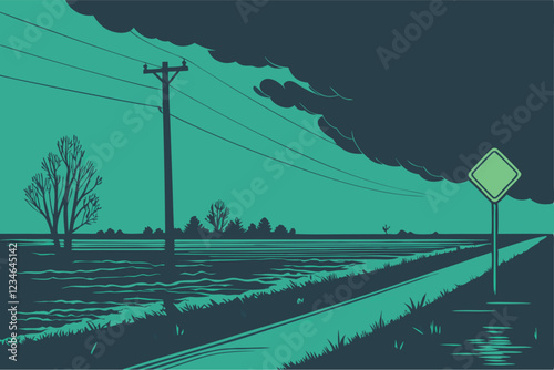  Dark stormy sky, flooded road, yellow traffic sign submerged, ominous atmosphere, teal color grading, panoramic view, low horizon, reflective water surface, barren landscape, dramatic lighting, moo