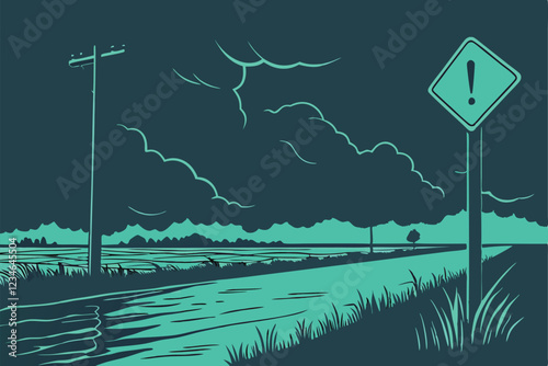  Dark stormy sky, flooded road, yellow traffic sign submerged, ominous atmosphere, teal color grading, panoramic view, low horizon, reflective water surface, barren landscape, dramatic lighting, moo