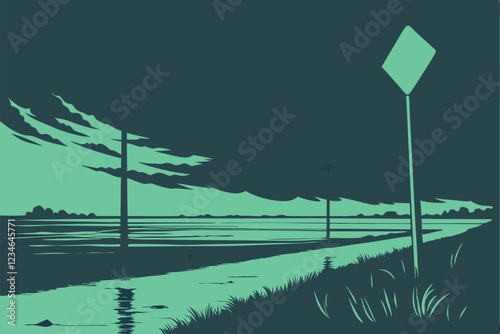  Dark stormy sky, flooded road, yellow traffic sign submerged, ominous atmosphere, teal color grading, panoramic view, low horizon, reflective water surface, barren landscape, dramatic lighting, moo
