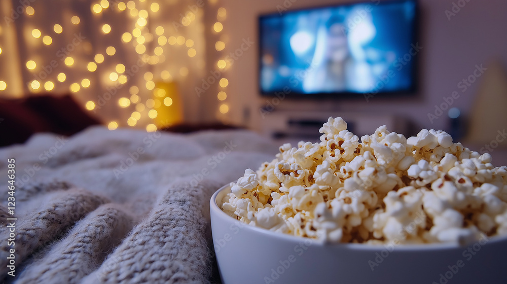 Cozy movie night with popcorn and warm blanket ambiance at home Cozy movie night with popcorn and warm blanket ambiance at home