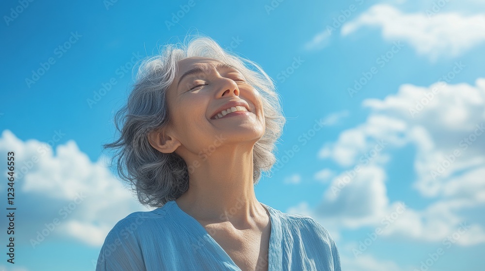 Elderly woman smiling blissfully under clear blue skies Elderly woman smiling blissfully under clear blue skies
