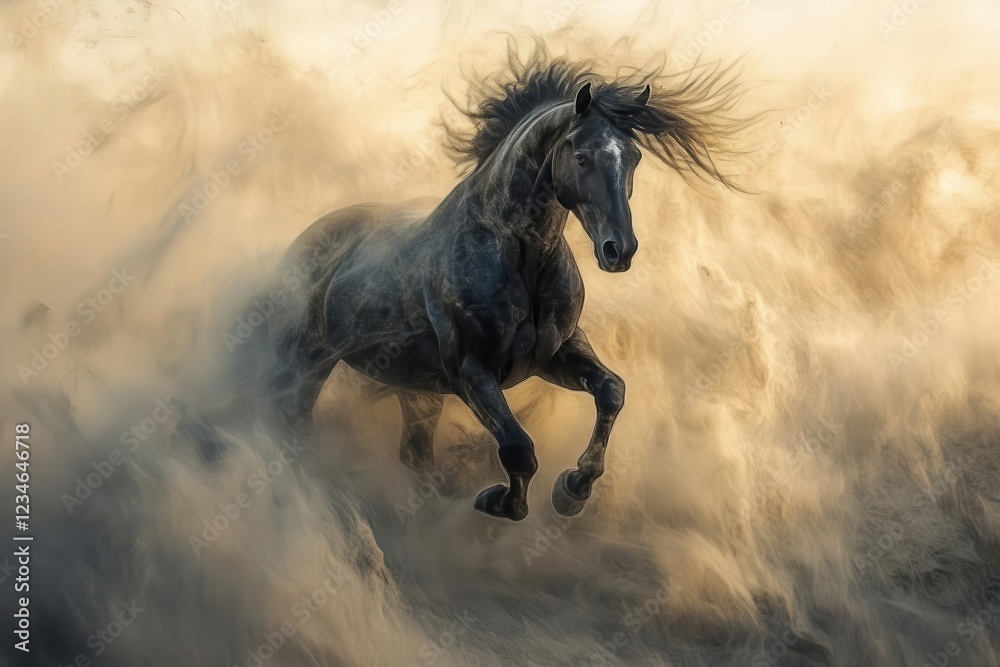 Obraz premium majestic arabian horse galloping through desert mist at sunset, with flowing mane catching golden light, painted in dramatic impressionist style with bold brushstrokes