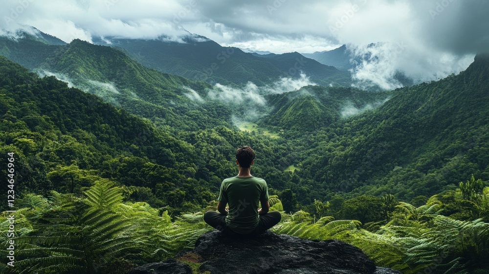 Serene meditation in misty mountain landscape with lush greenery and clouds Serene meditation in misty mountain landscape with lush greenery and clouds