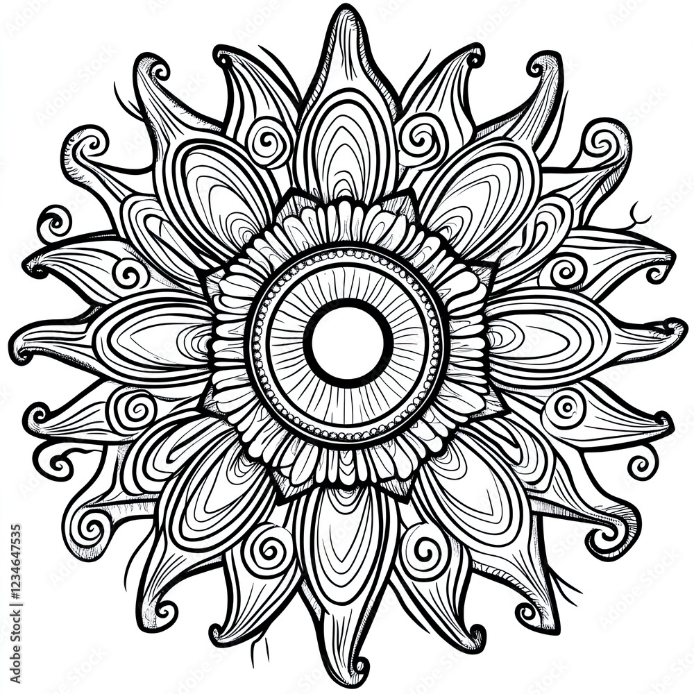 Spiritual Sun Mandala Rays Swirls Simple Coloring Page Design