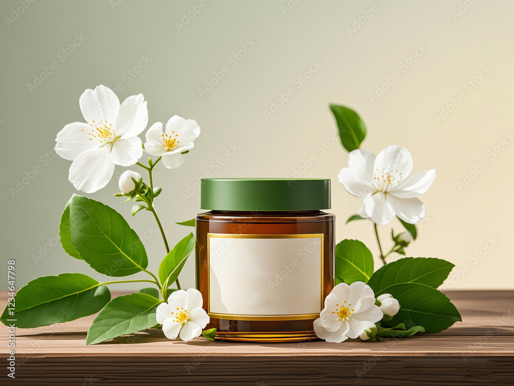 Fototapeta premium Product showcase, moisturizer jar, skin cream, with blank label, green leaves and flowers, mockup for design, marketing campaigns, aesthetics and beauty