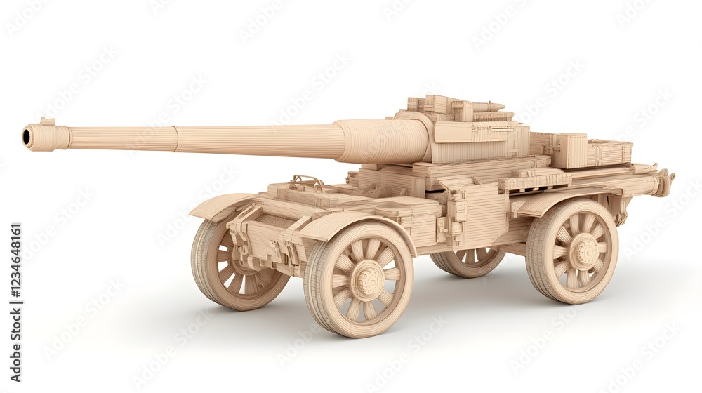 Detailed Wooden Toy Artillery Gun with Wheels Isolated on White Detailed Wooden Toy Artillery Gun with Wheels Isolated on White