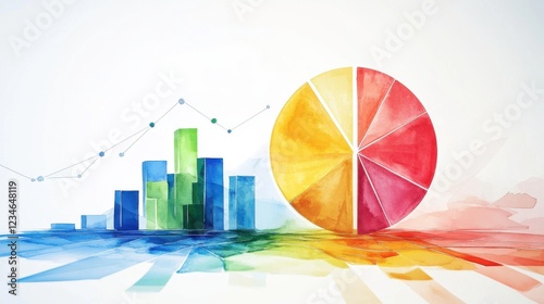 A colorful watercolor illustration depicting bar charts and a pie chart, symbolizing data visualization and analysis.
