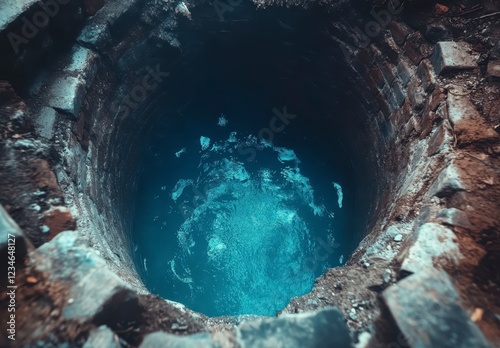 Top down view of a dark, cylindrical well or pit filled with glowing blue particles. The well's stone or brick walls are visible, with earth and