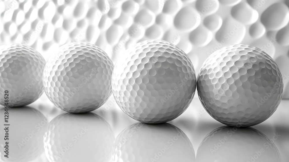 Four white golf balls on glossy surface, textured wall behind, for sports use Four white golf balls on glossy surface, textured wall behind, for sports use